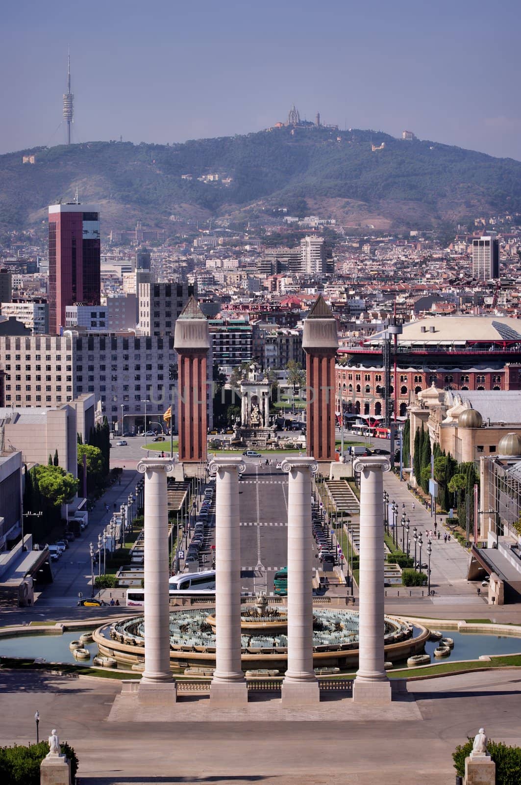 Montjuic fountain at Plaza de Espana in Barcelona, Spain