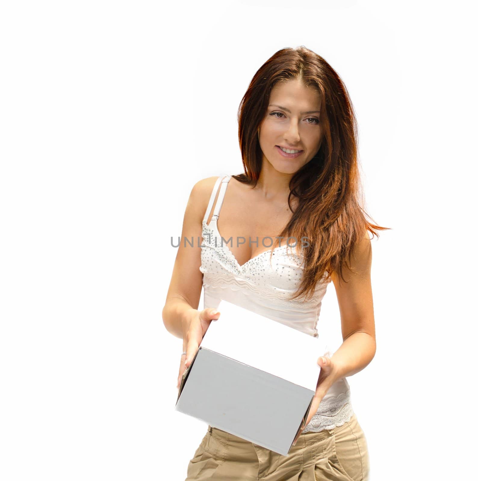 Pretty young woman giving a box, isolated on white background