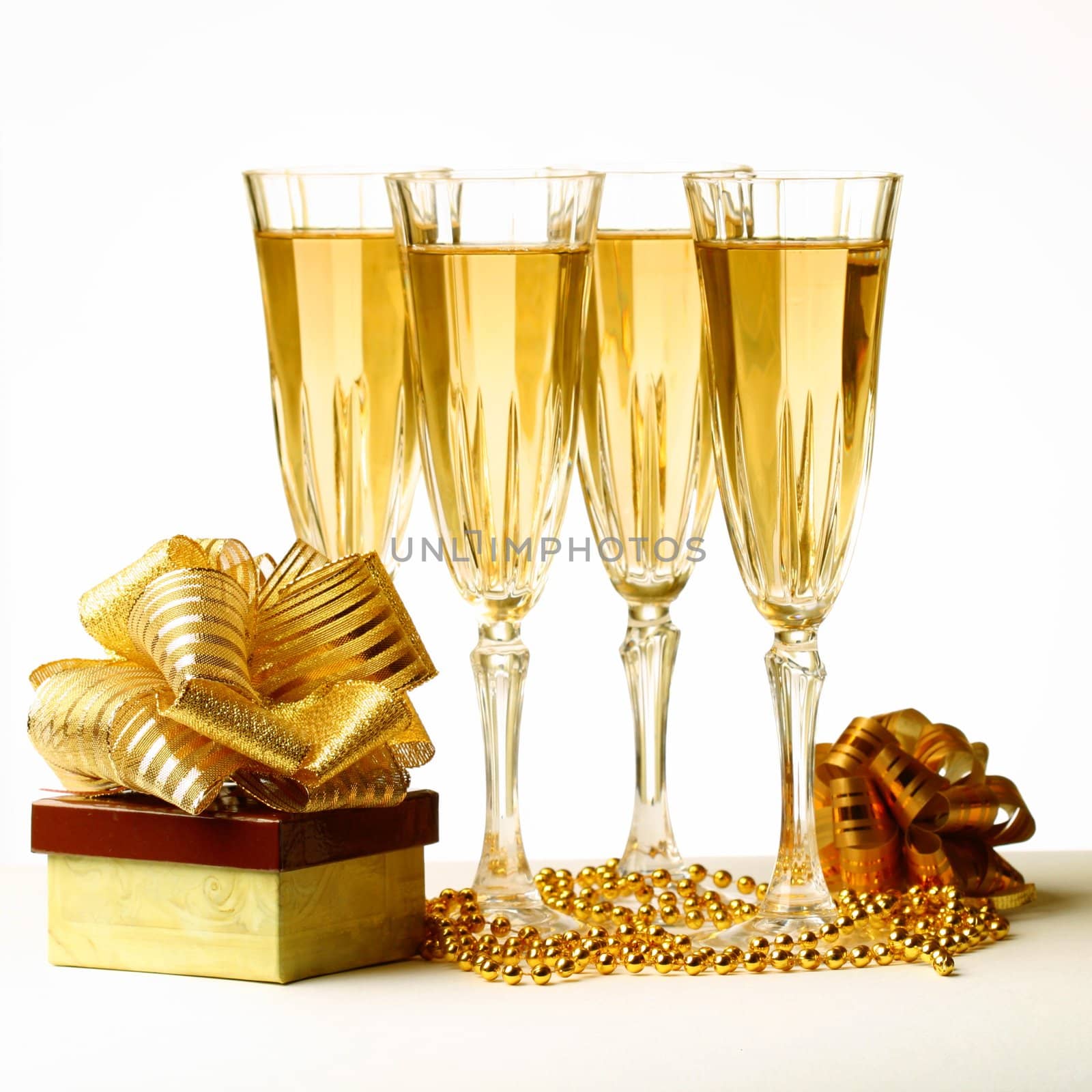 holiday card golden champagne and gift