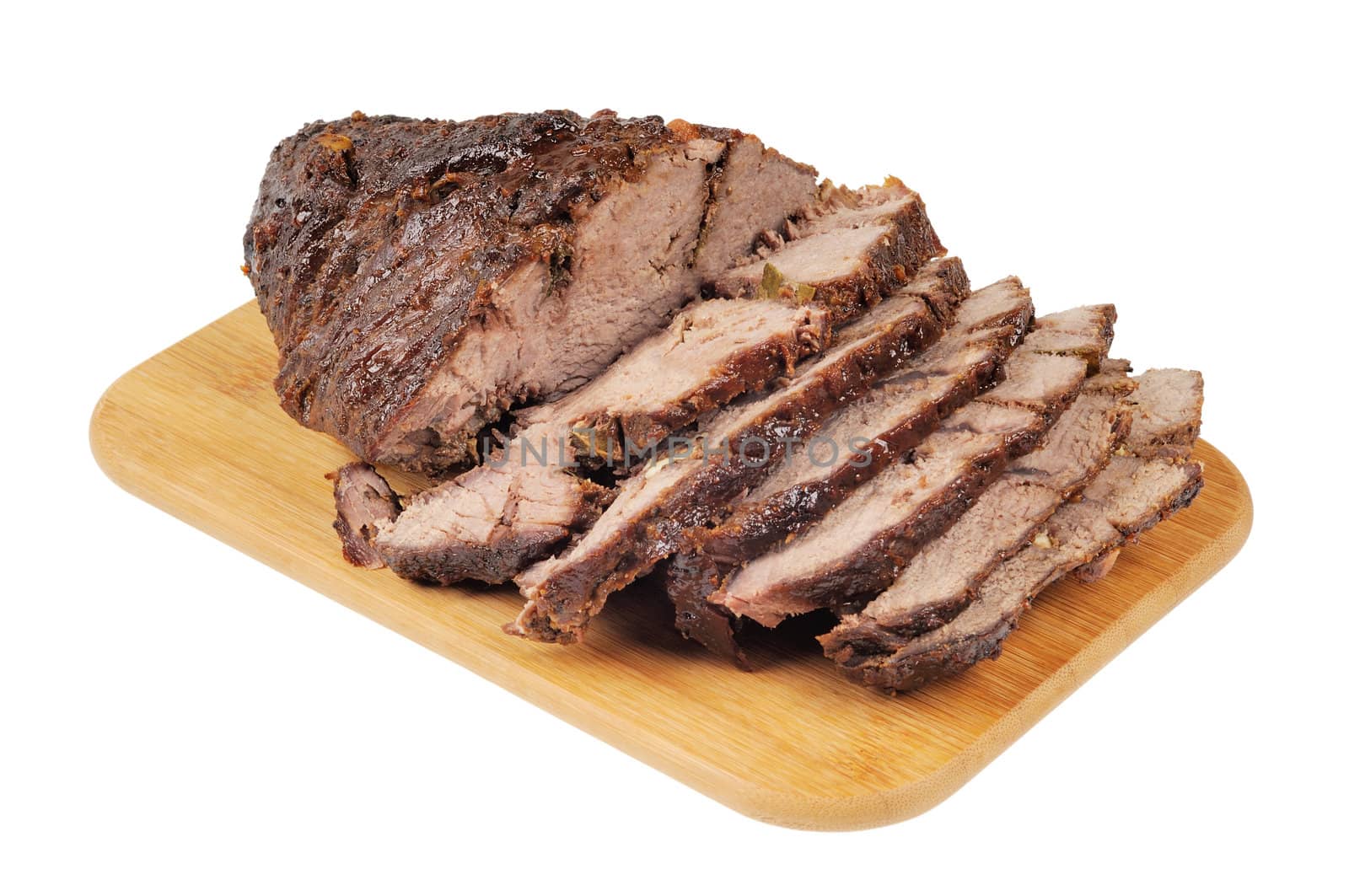 Roast beef on a wooden board. Isolated on white.