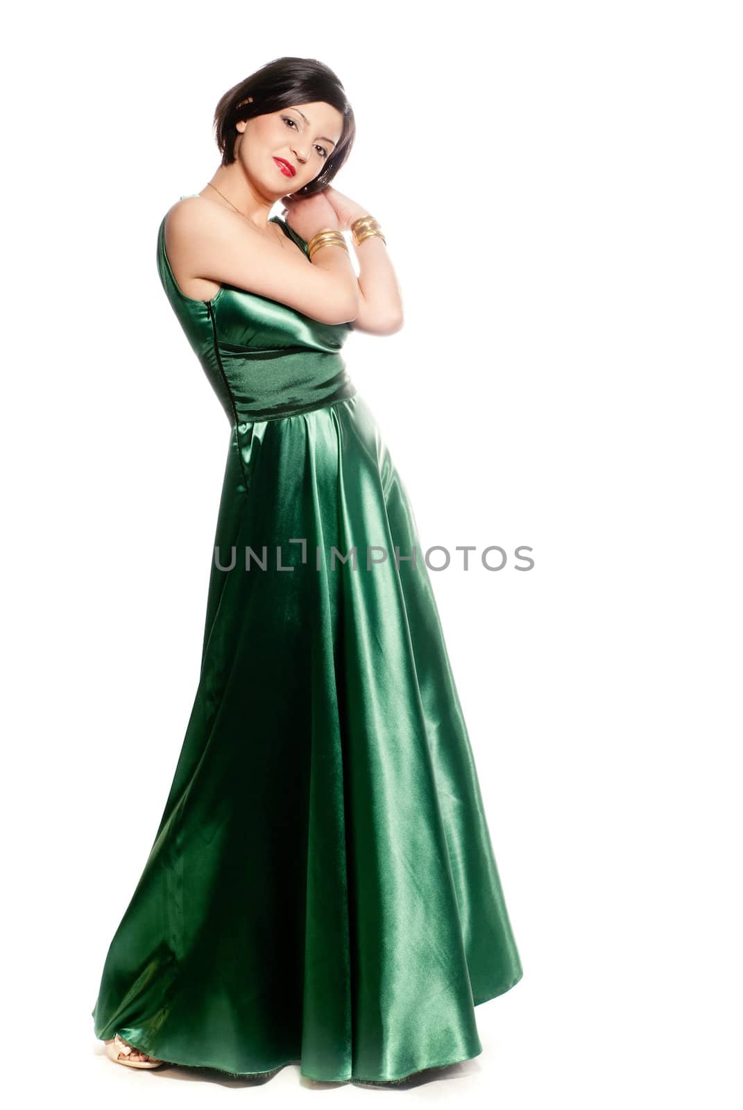 Lonh green dress on a young lady isolated on white