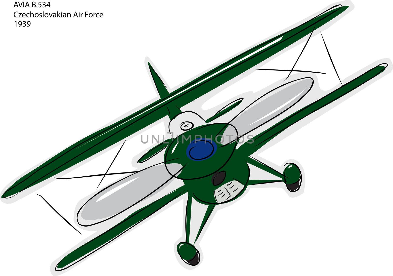 Sketch of Avia B.534 World War II combat bi-plane over white