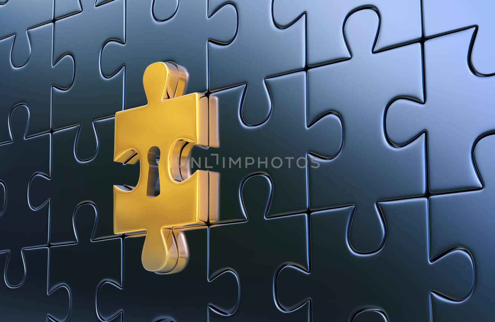 Metallic jigsaw puzzle and outstanding golden piece with keyhole as a symbol of disclosure puzzle. 3d render