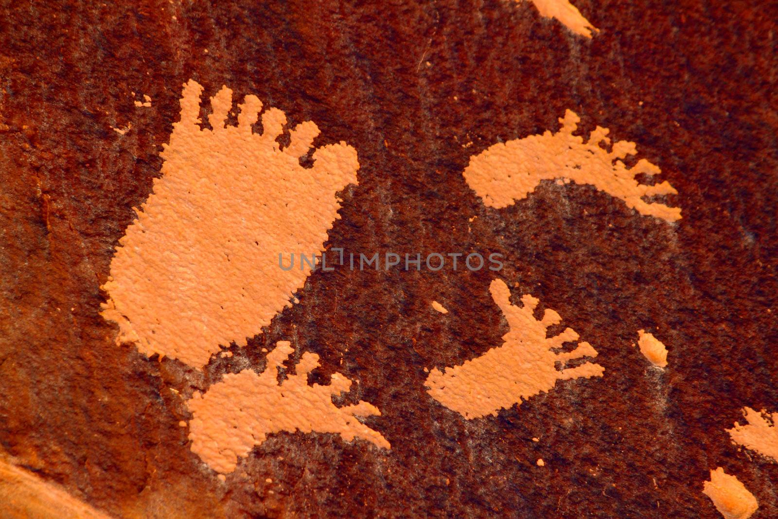 Footprint petroglyphs seen on famous Newspaper Rock in Utah.