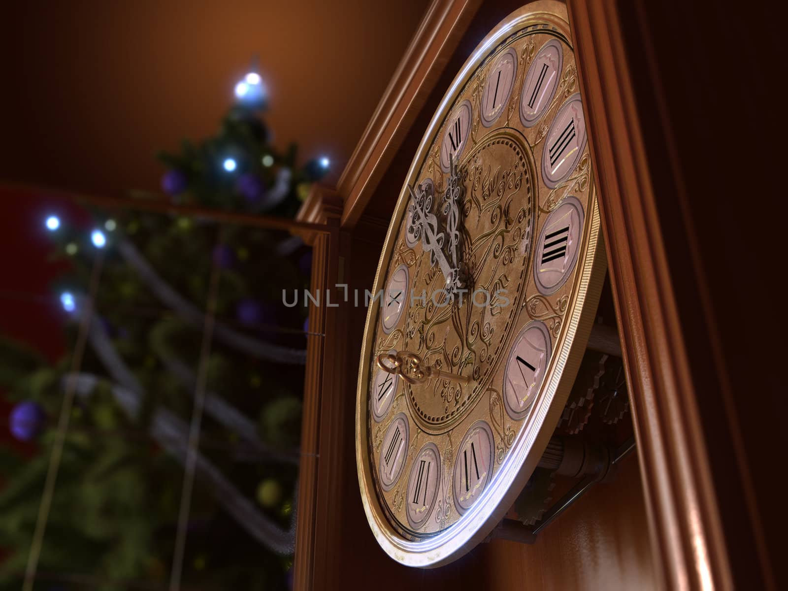 Happy New Year and Merry Christmas background with old clock and key