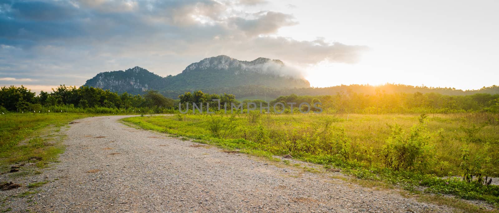 Field and dirt road to sunset behind mountain