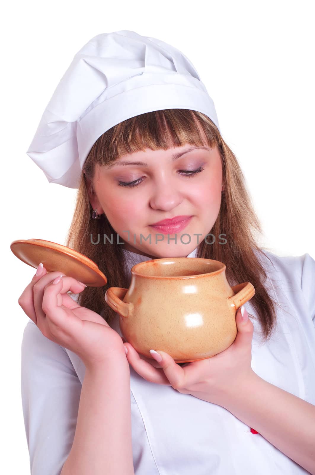 attractive woman keeps a pot of food, white background