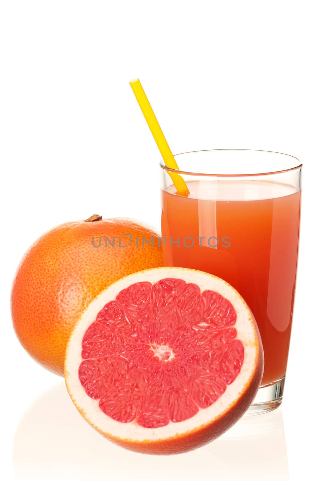 Glass of fresh grapefruit juice and grapefruit fruits on white background