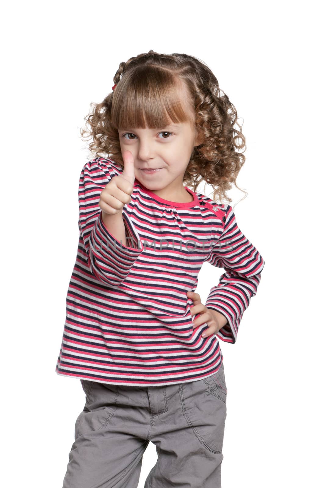 Portrait of emotionally pretty little girl on white background