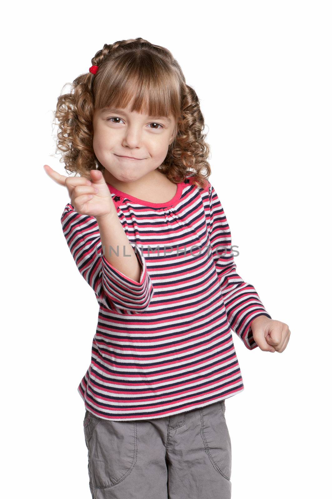 Portrait of emotionally pretty little girl on white background