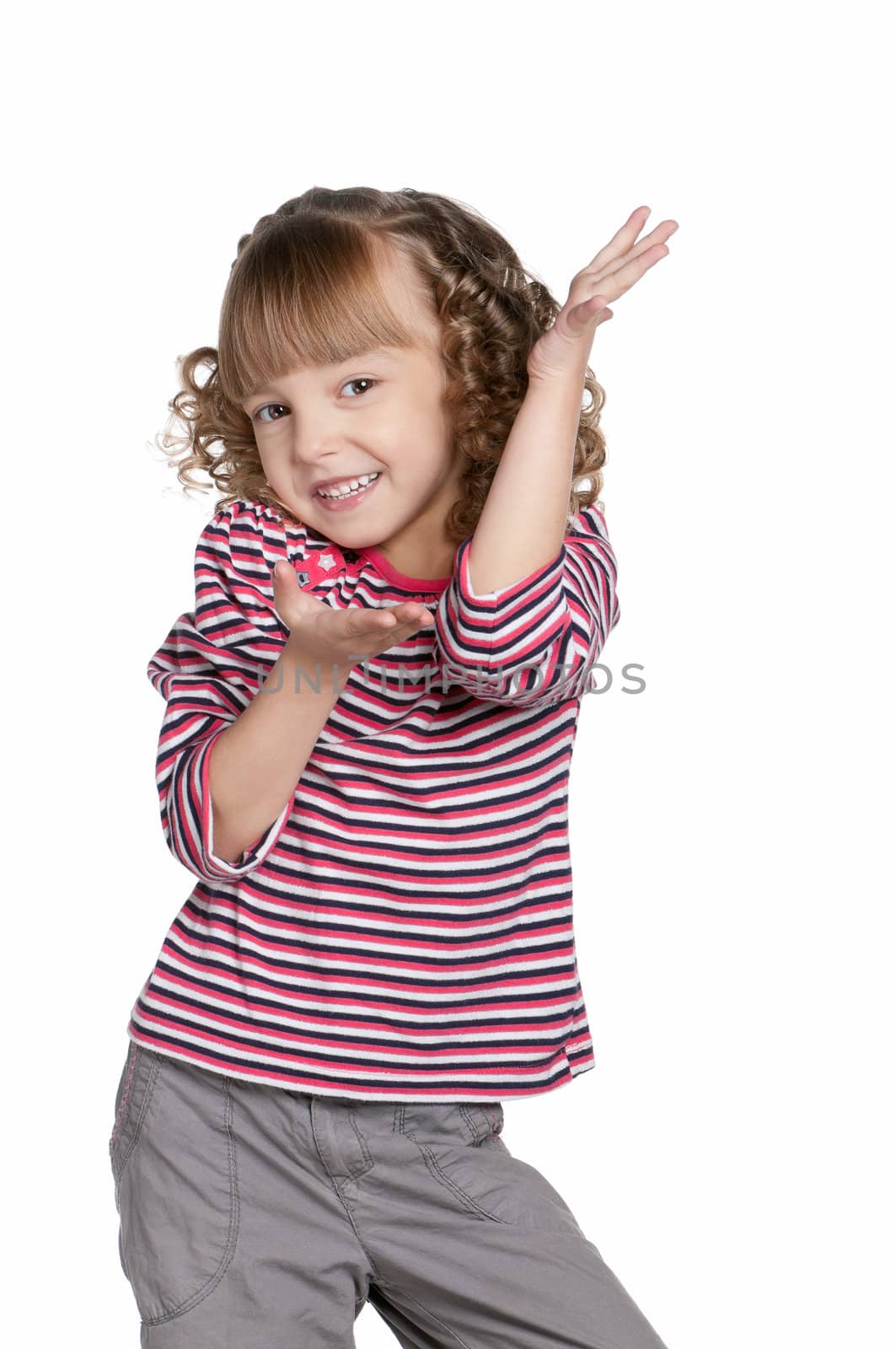 Portrait of emotionally pretty little girl on white background