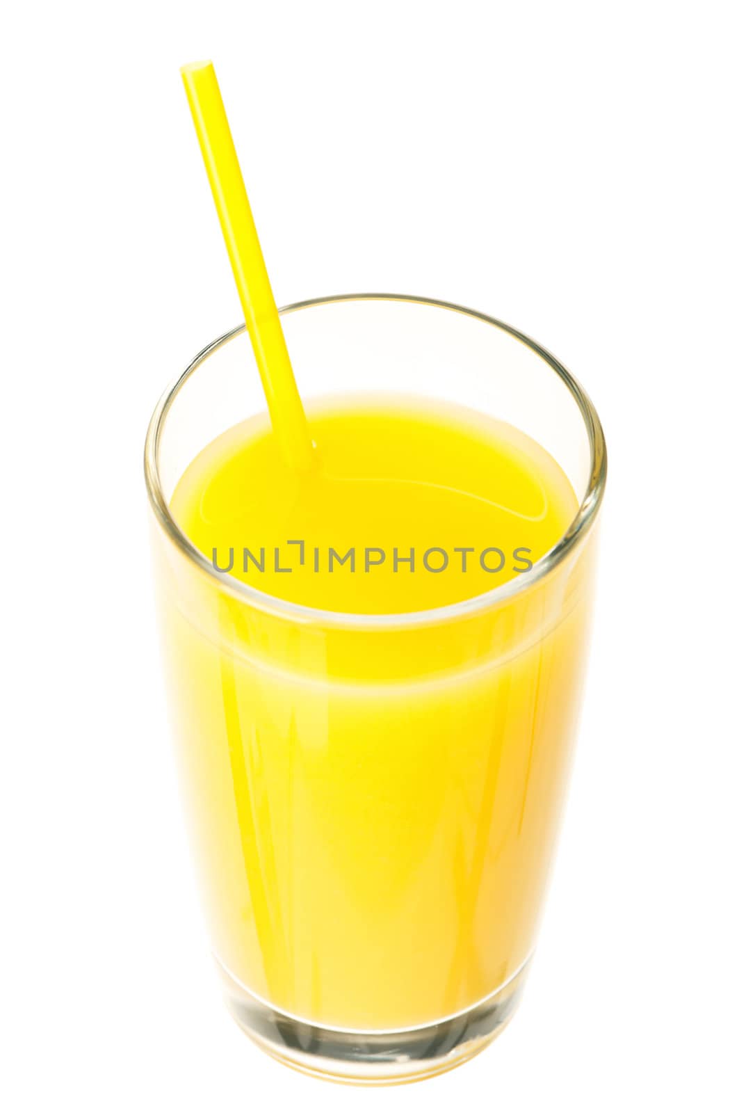 Glass of fresh orange juice with straw on white background