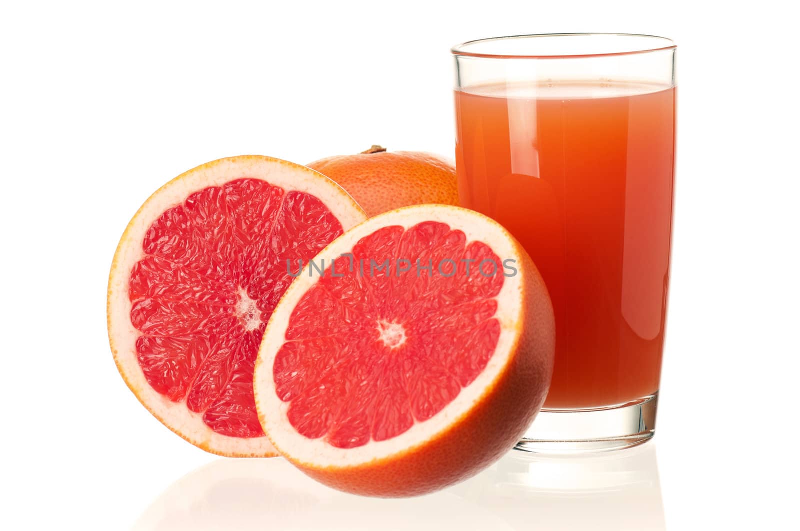 Glass of fresh grapefruit juice and grapefruit fruits on white background