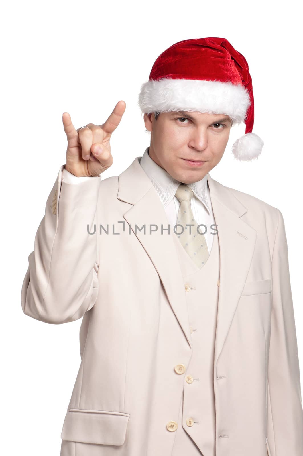 Portrait of handsome man in santa hat on white background