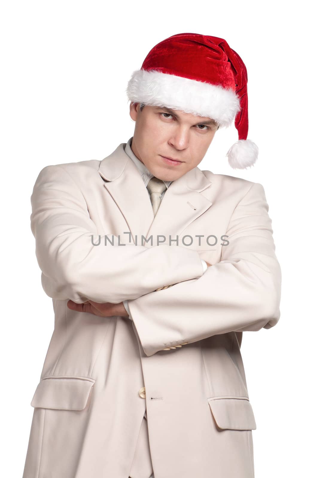 Portrait of handsome man in santa hat on white background