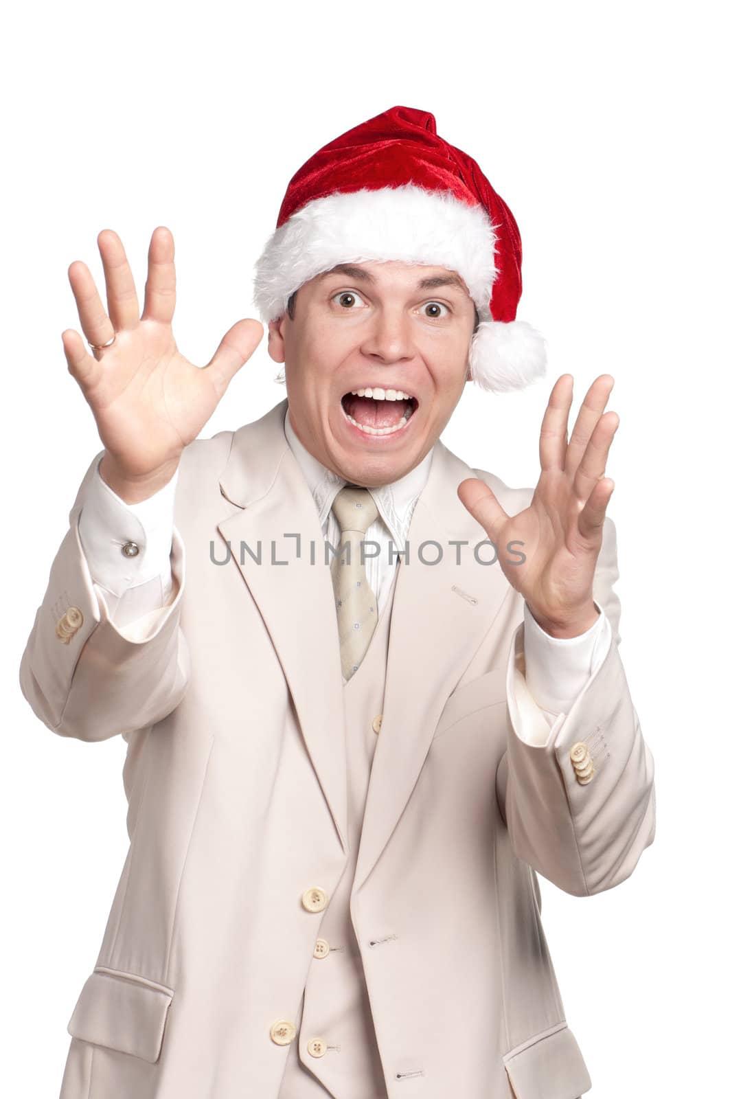 Portrait of handsome man in santa hat on white background