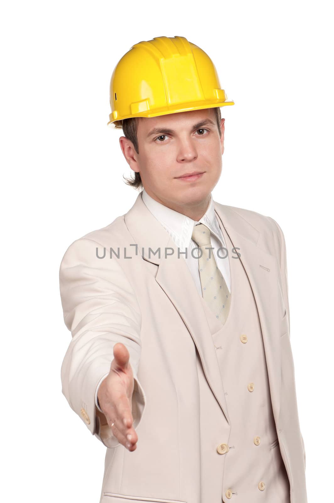 Portrait of handsome man with hard hat on white background