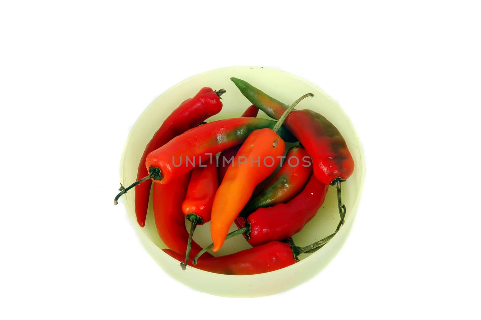 a bowl of fresh red chili isolated on white background