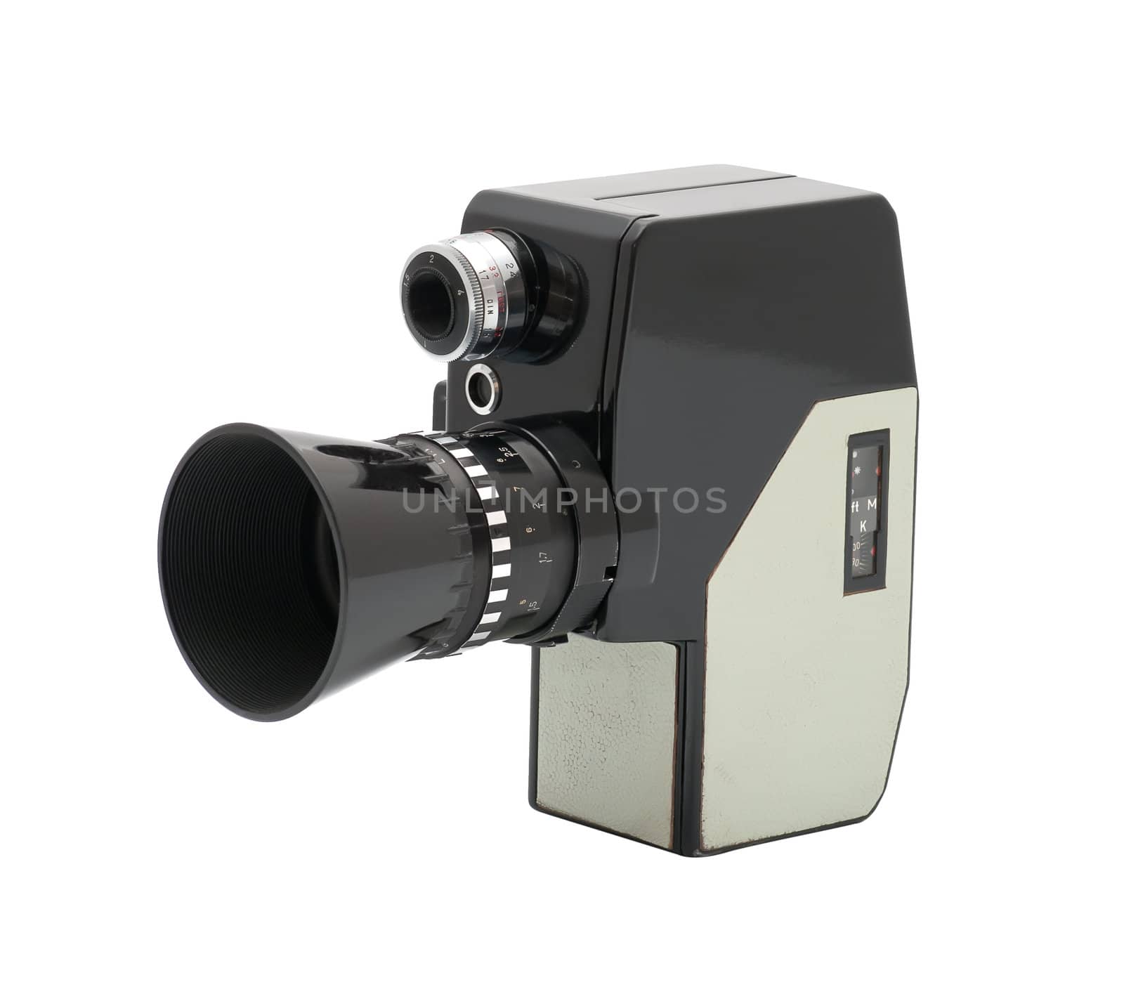 The old 8 mm movie camera is isolated on a white background.