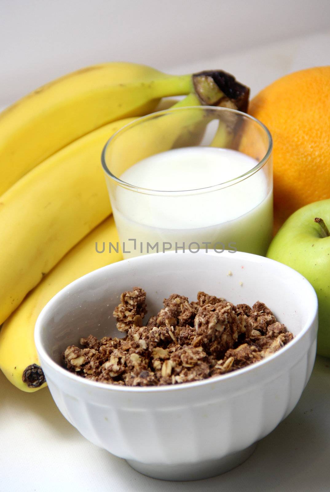 Tasty breakfast: chocolate muesli and fruits 