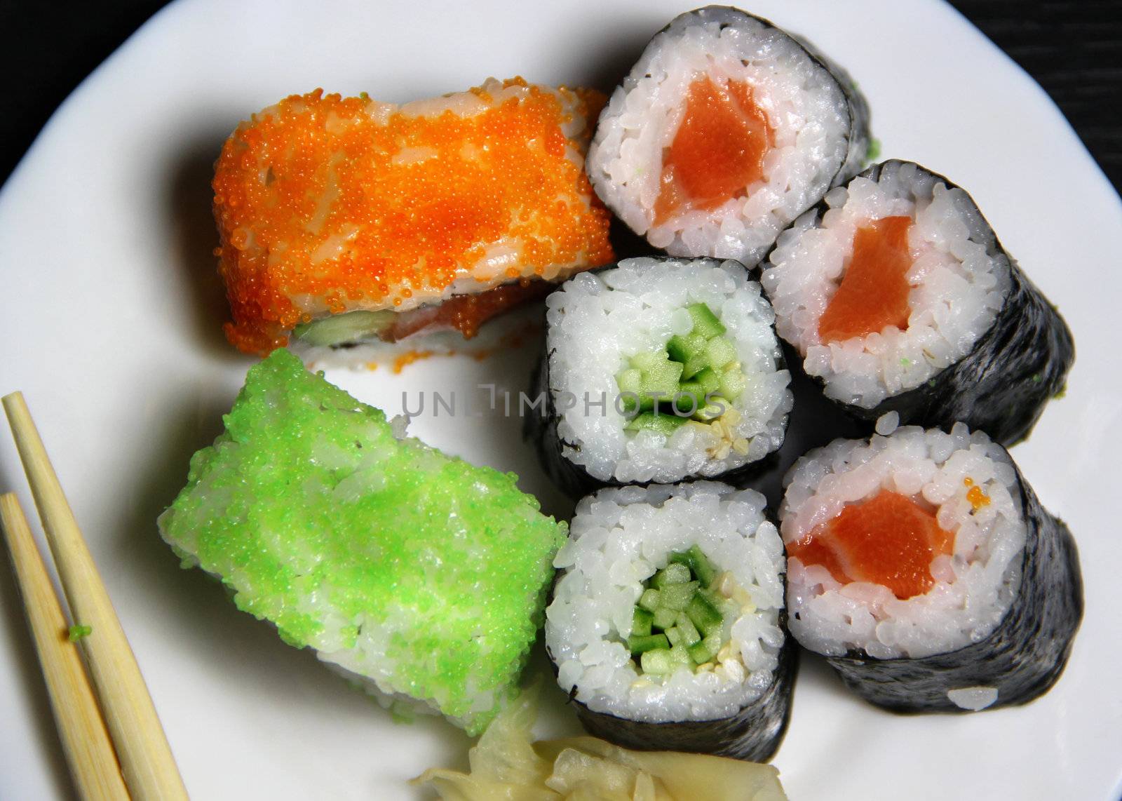Sushi specialties and chopsticks 

