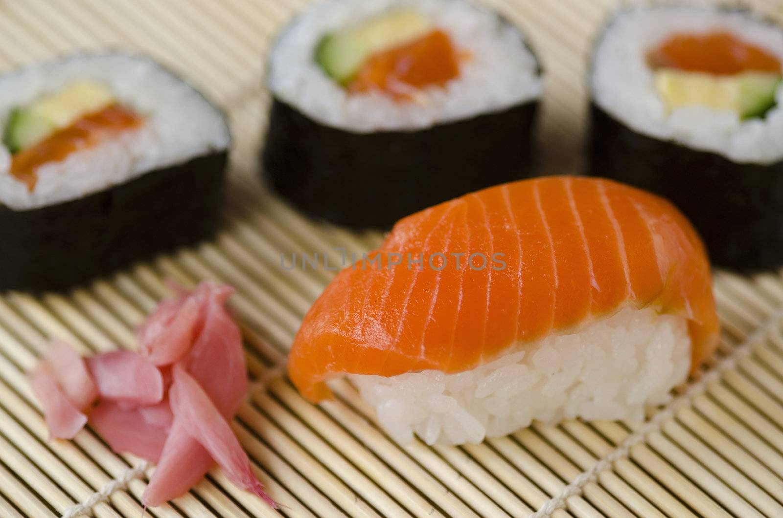 Japanese Cuisine, Sushi Set with Salmon, sushi rolls and gari ginger 