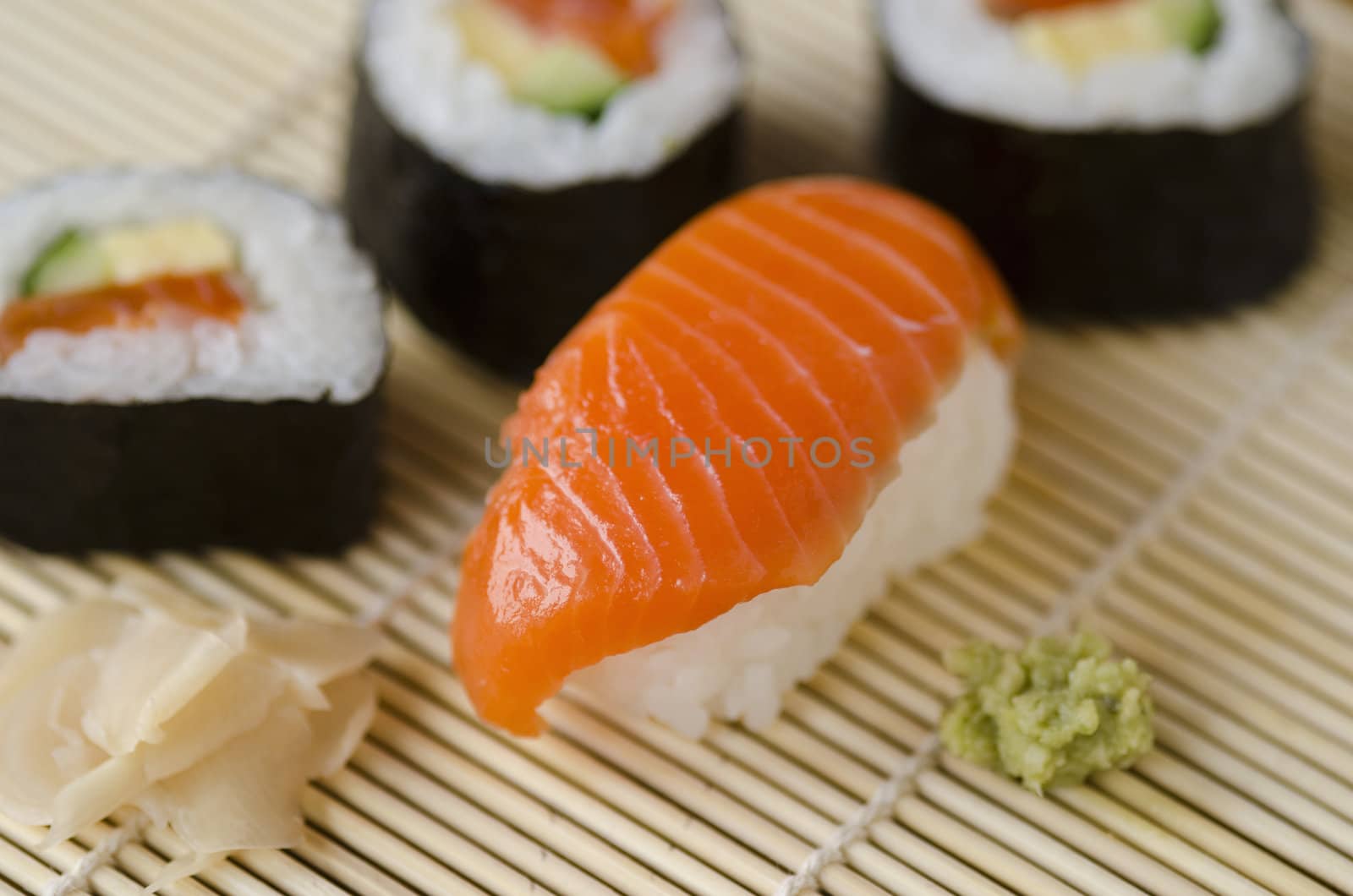 Japanese Cuisine, Sushi Set with Salmon, sushi rolls, gari ginger, wasabi