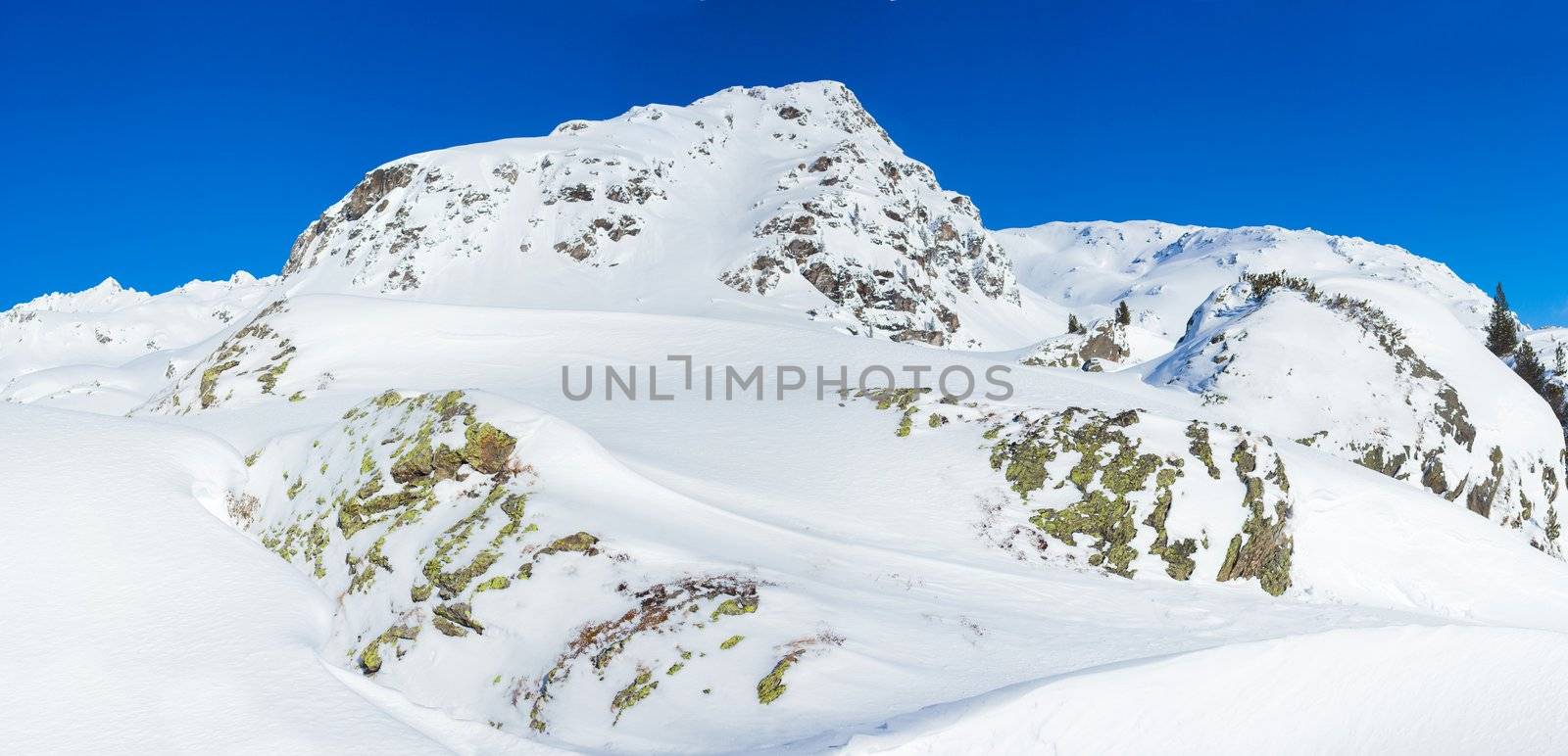 Alpine mountains under the snow in winter by maxoliki