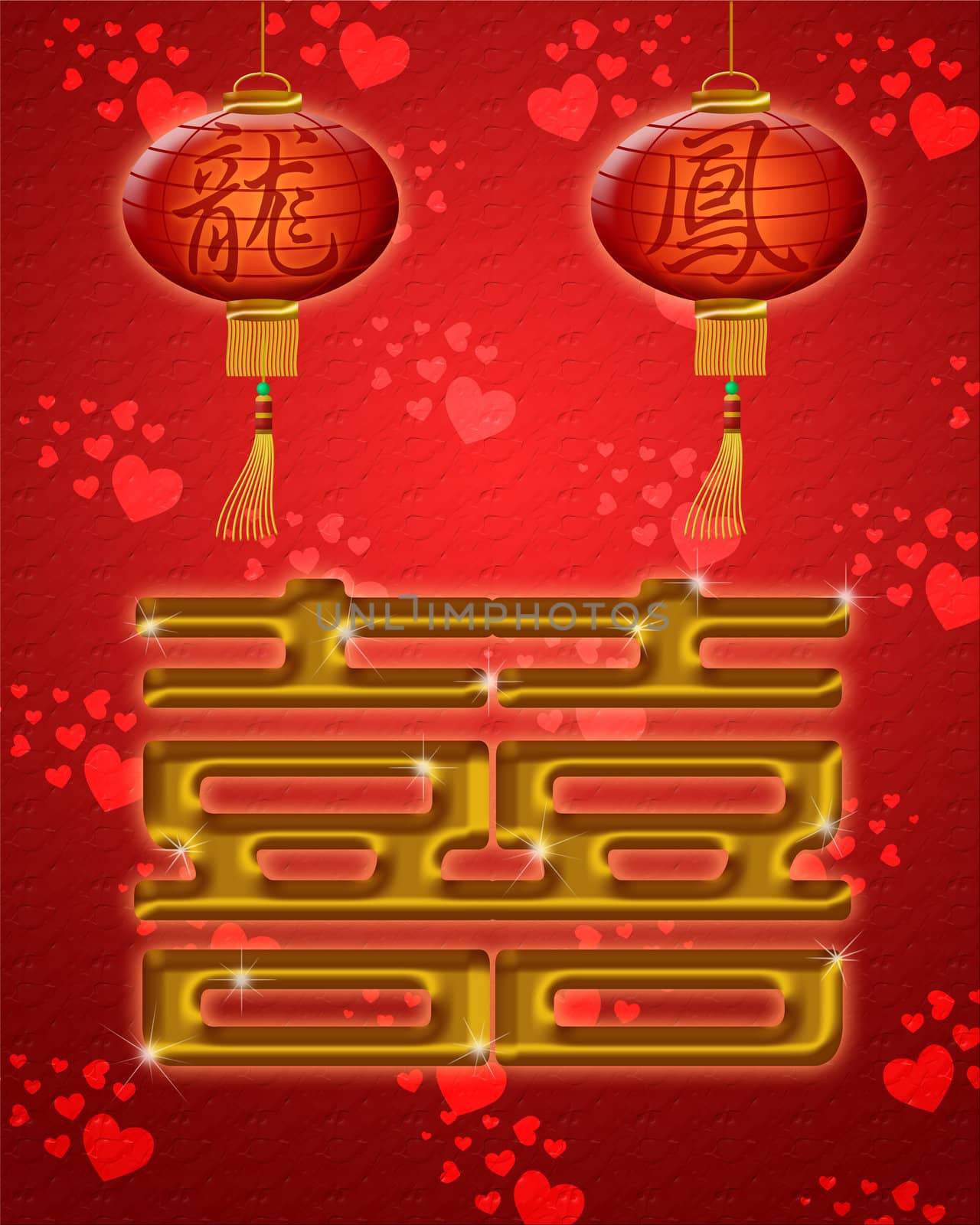 Chinese Wedding Double Happiness Symbol with Dragon and Pheonix Text on Lanterns over Red Hearts Background Illustration