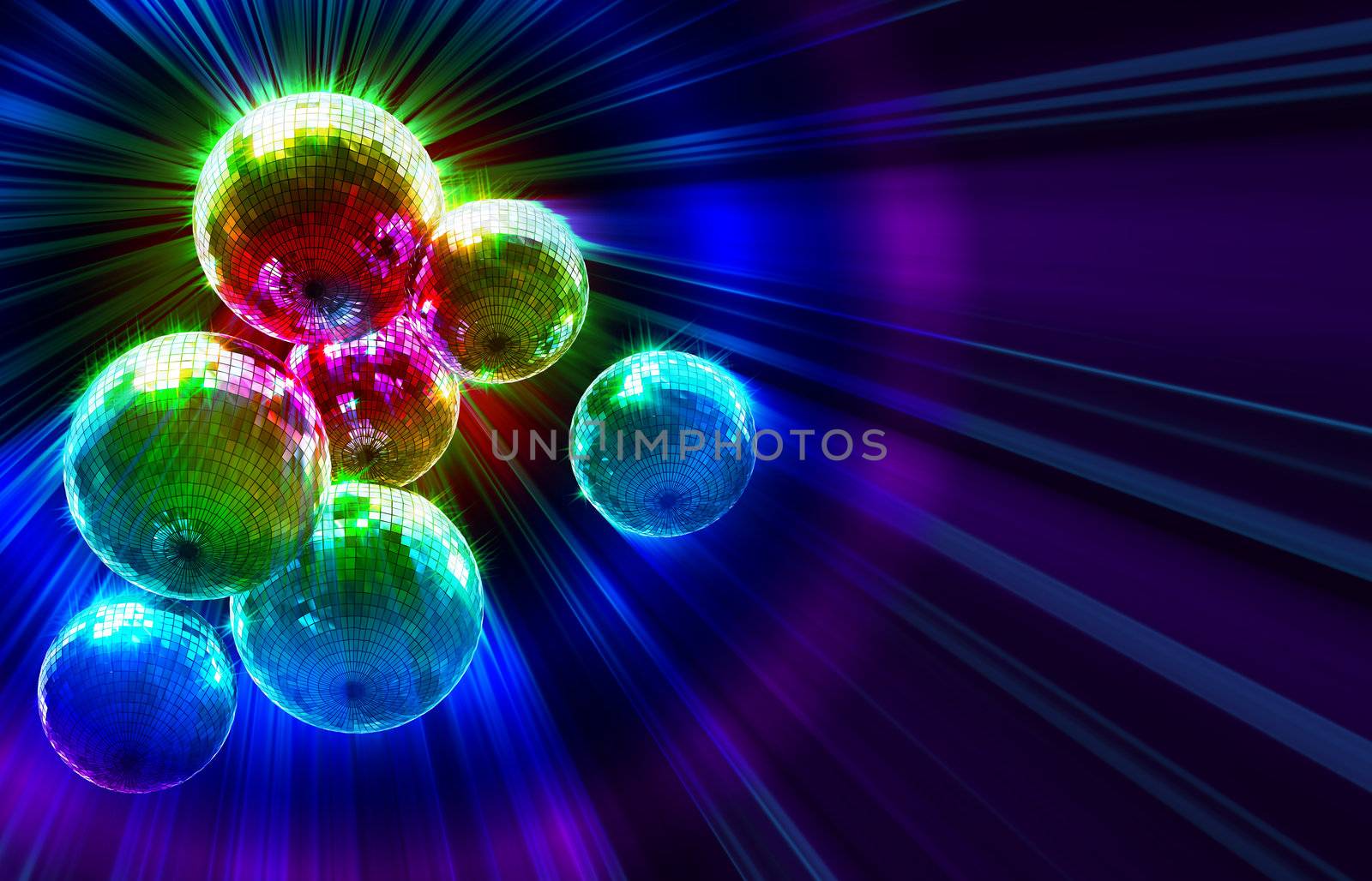 Colorful dark funky background with mirrored glitter disco balls for party