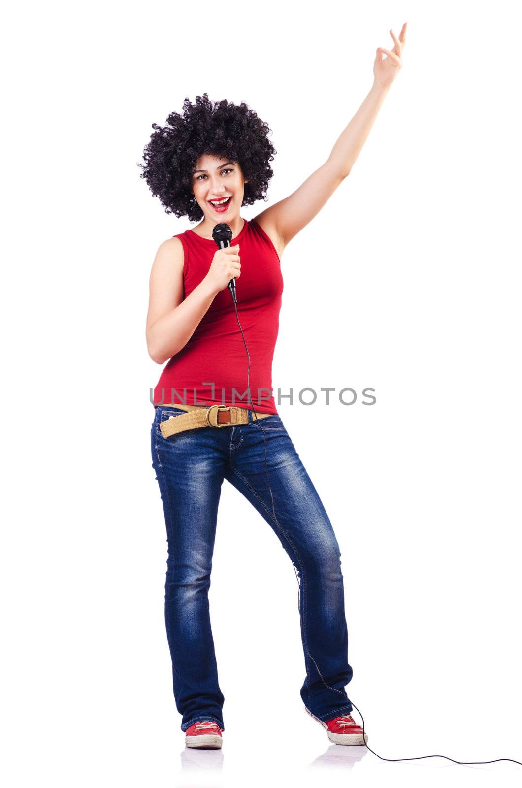 Woman with afro haircut on white