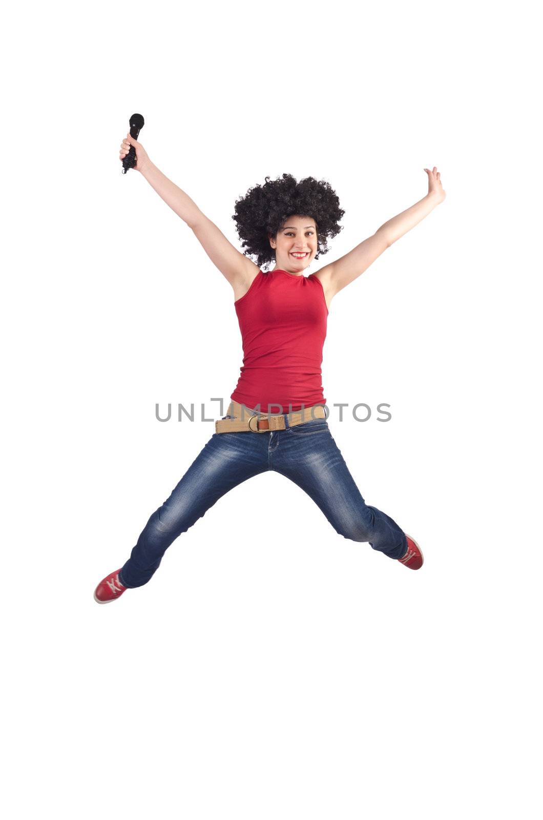 Woman with afro haircut on white