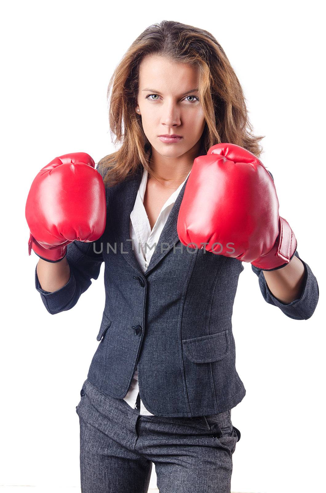 Angry businesswoman with boxing gloves