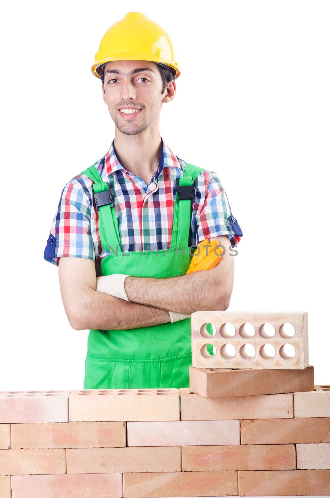Builder with hard hat on white