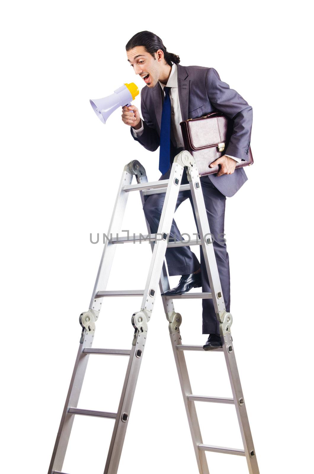 Businessman climbing career ladder on white
