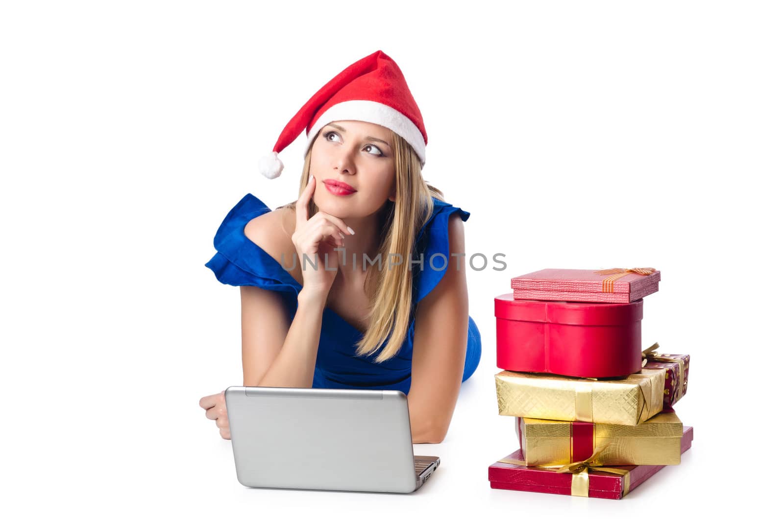 Santa woman with laptop on white by Elnur