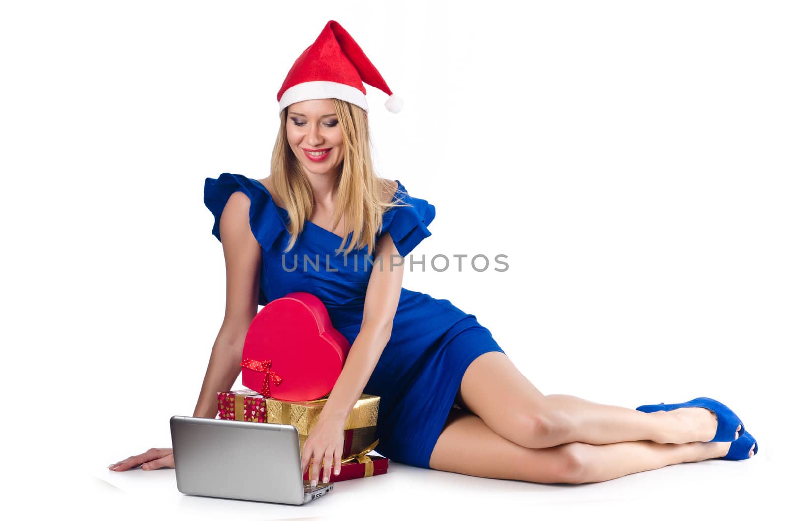 Santa woman with laptop on white