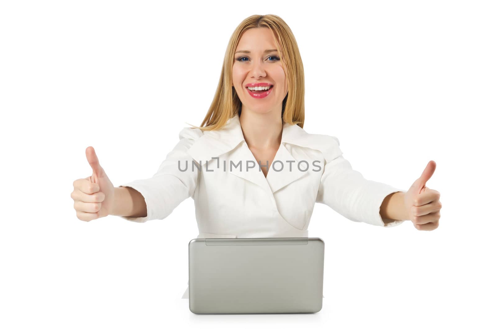 Attractive businesswoman with laptop on white by Elnur