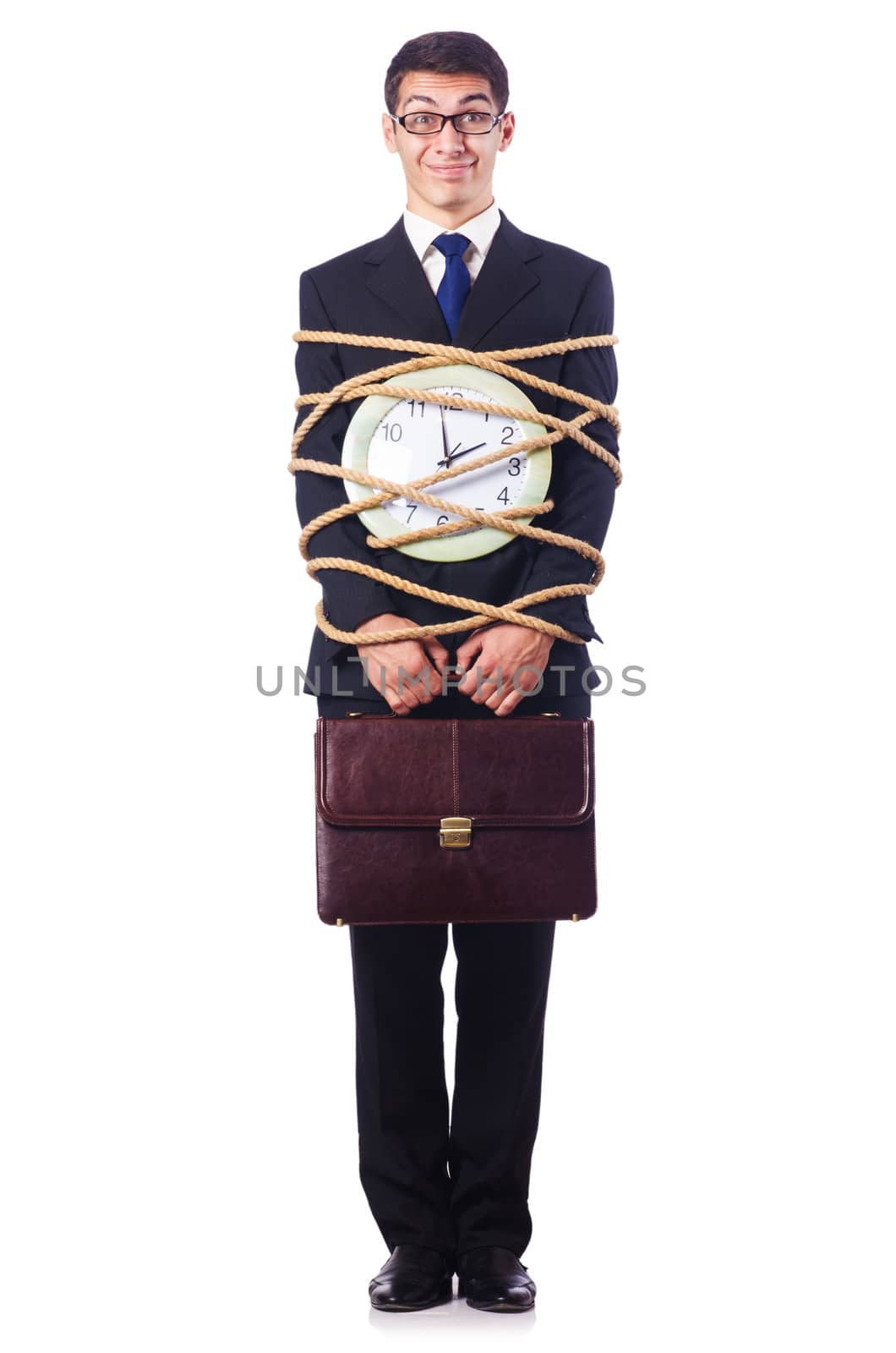 Businessman tied up with rope on white