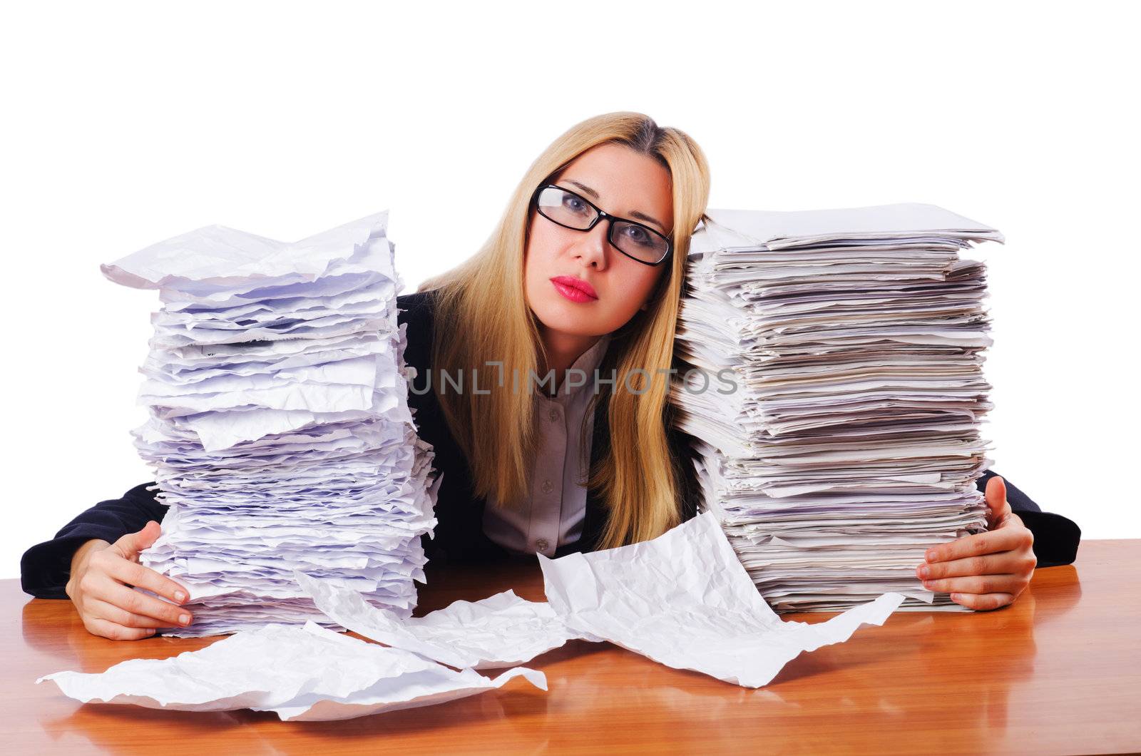 Woman businesswoman with lots of papers