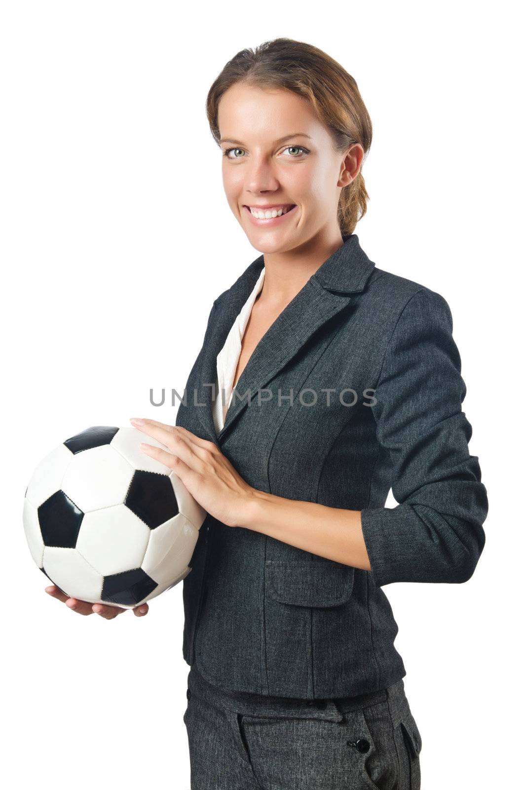 Businesswoman with football on white