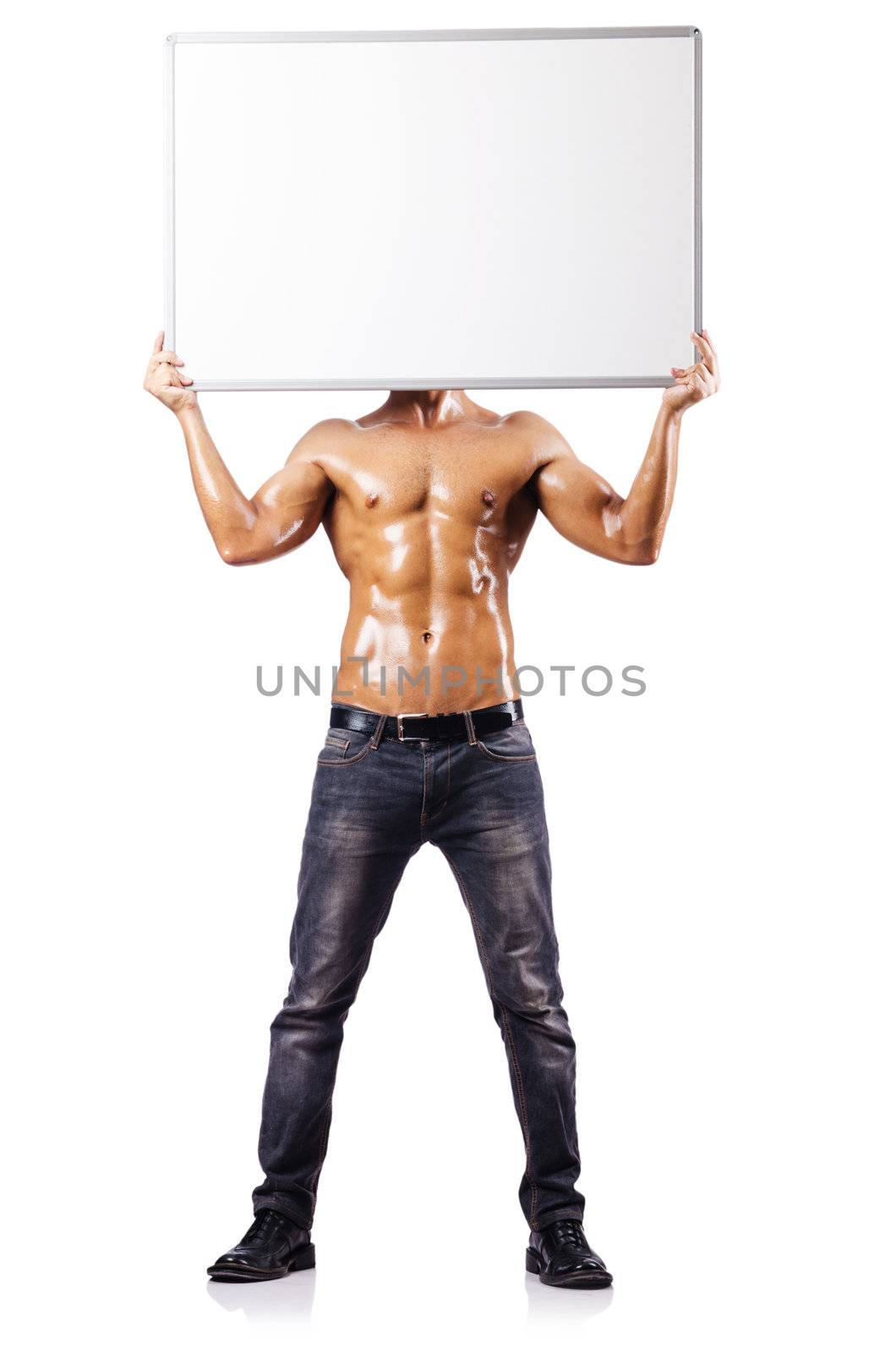 Naked man with blank board