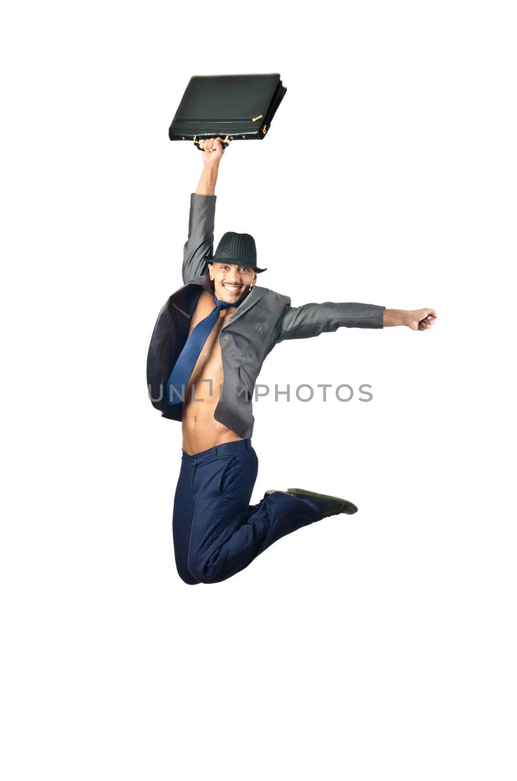 Jumping businessman in business concept on white