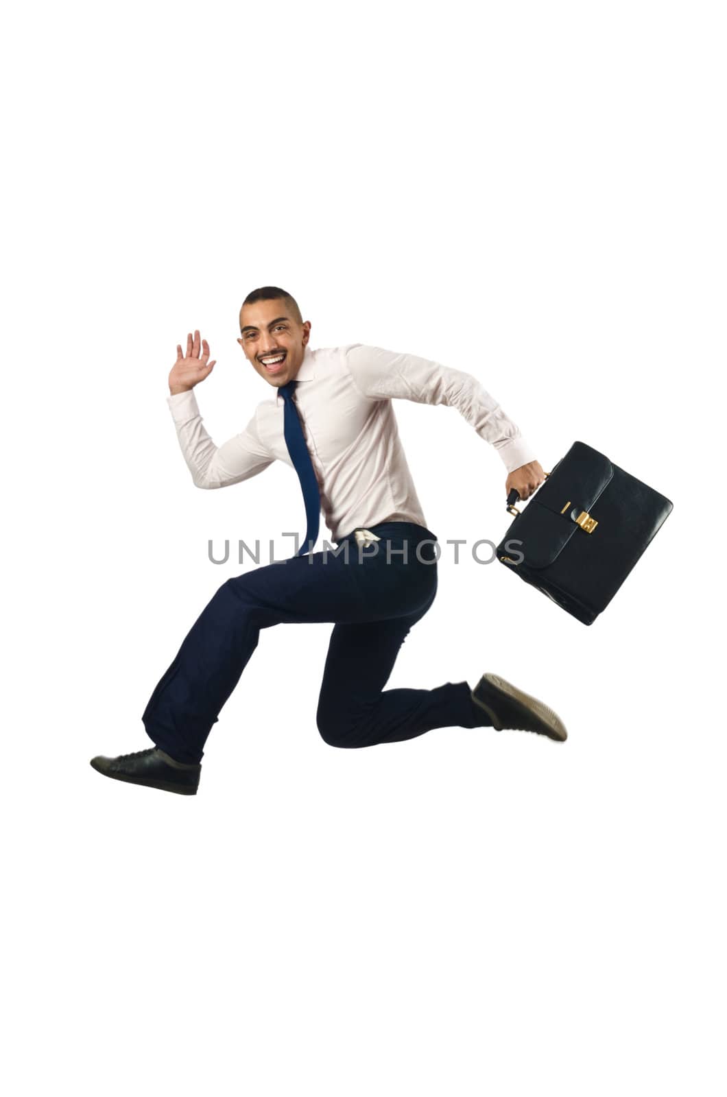 Jumping businessman in business concept on white