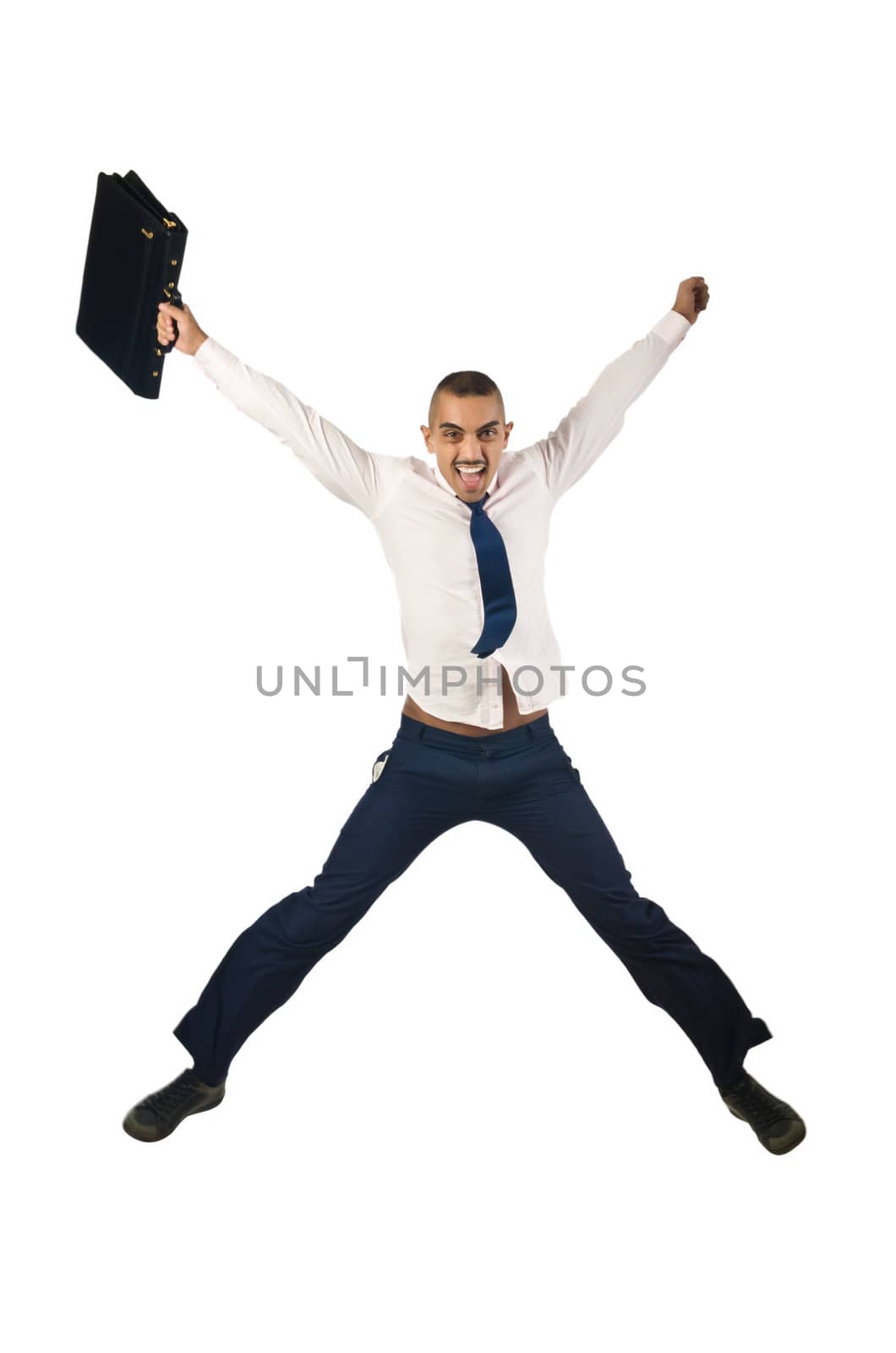 Jumping businessman in business concept on white