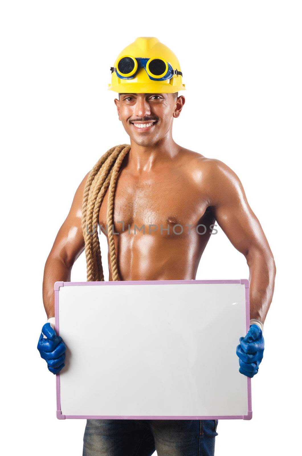 Naked construction worker on white