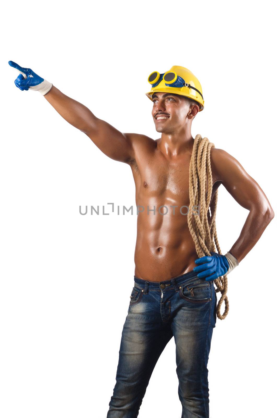 Naked construction worker on white