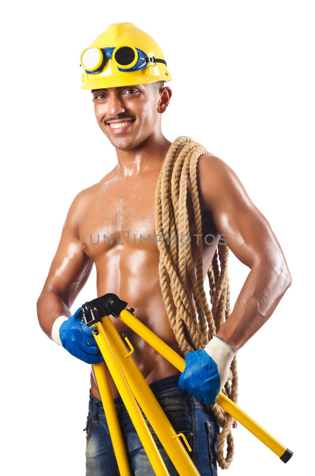 Naked construction worker on white