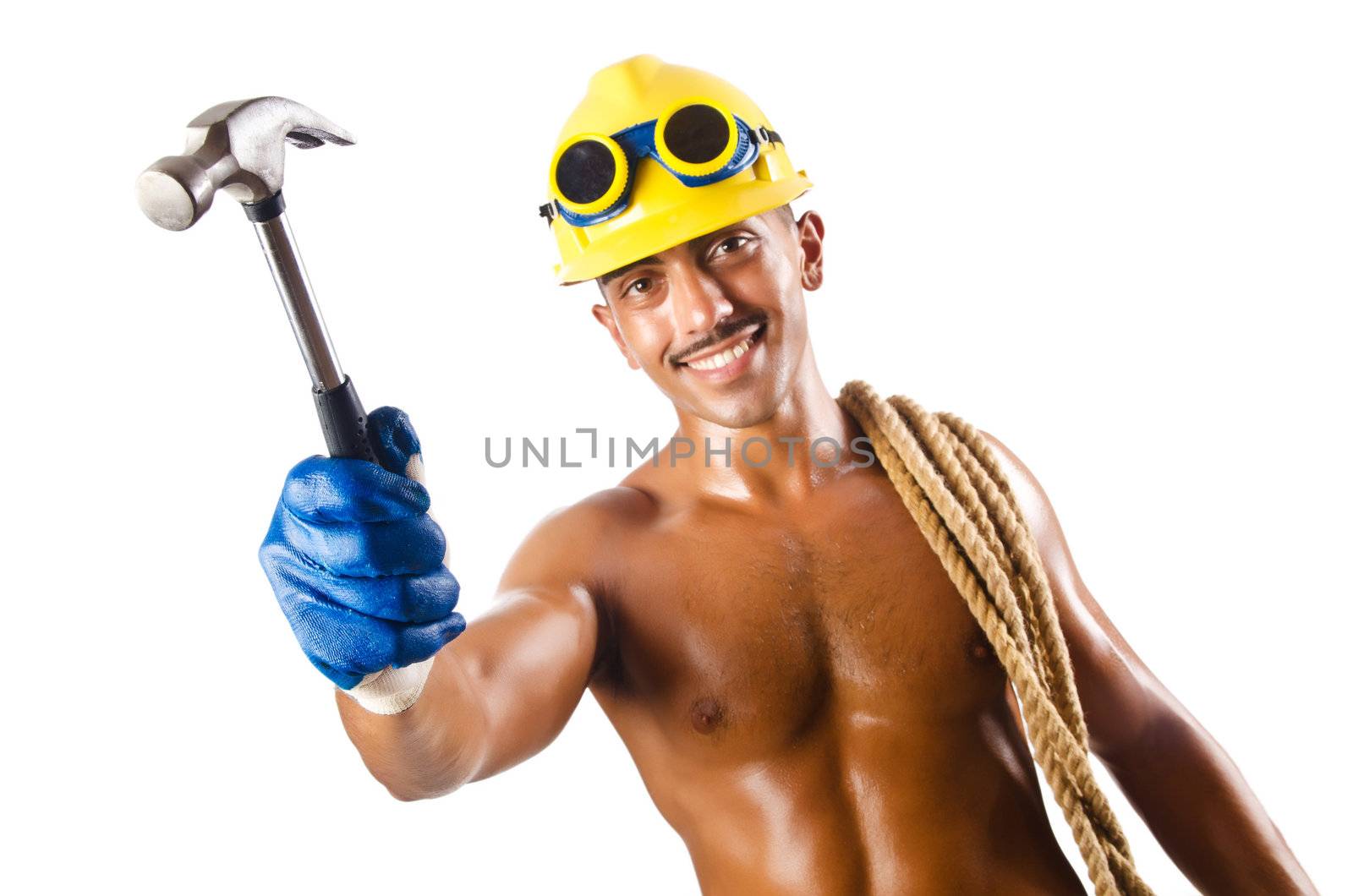 Naked construction worker on white