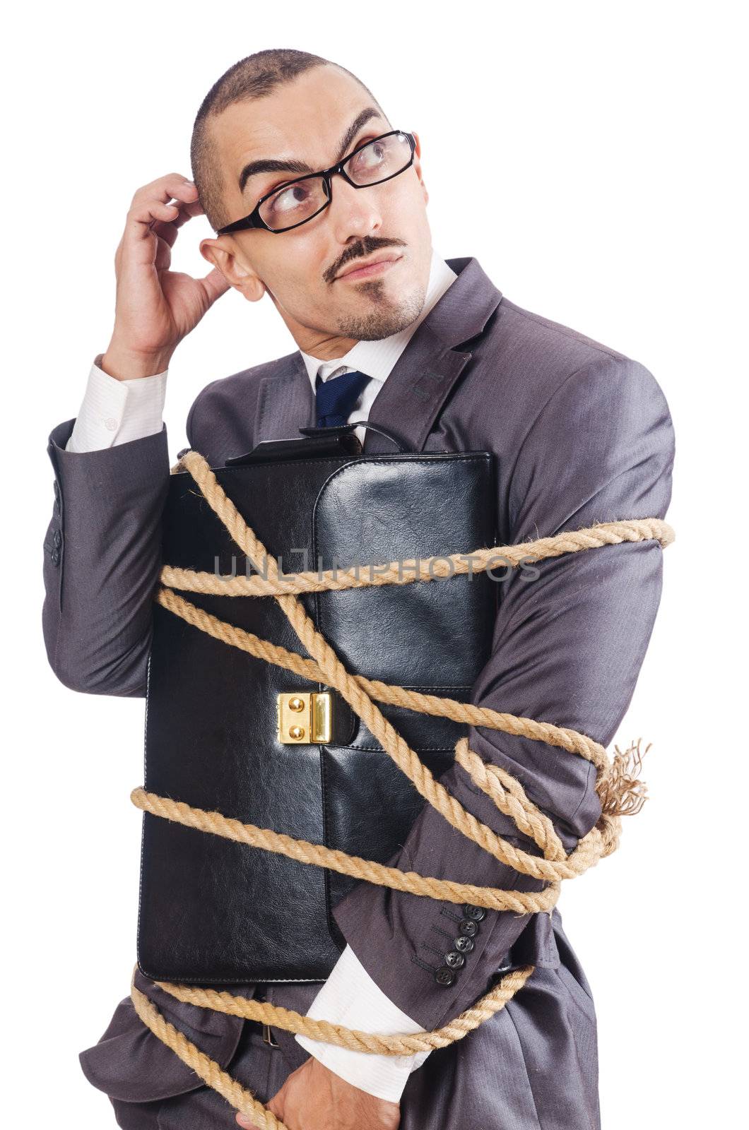 Businessman tied up with rope